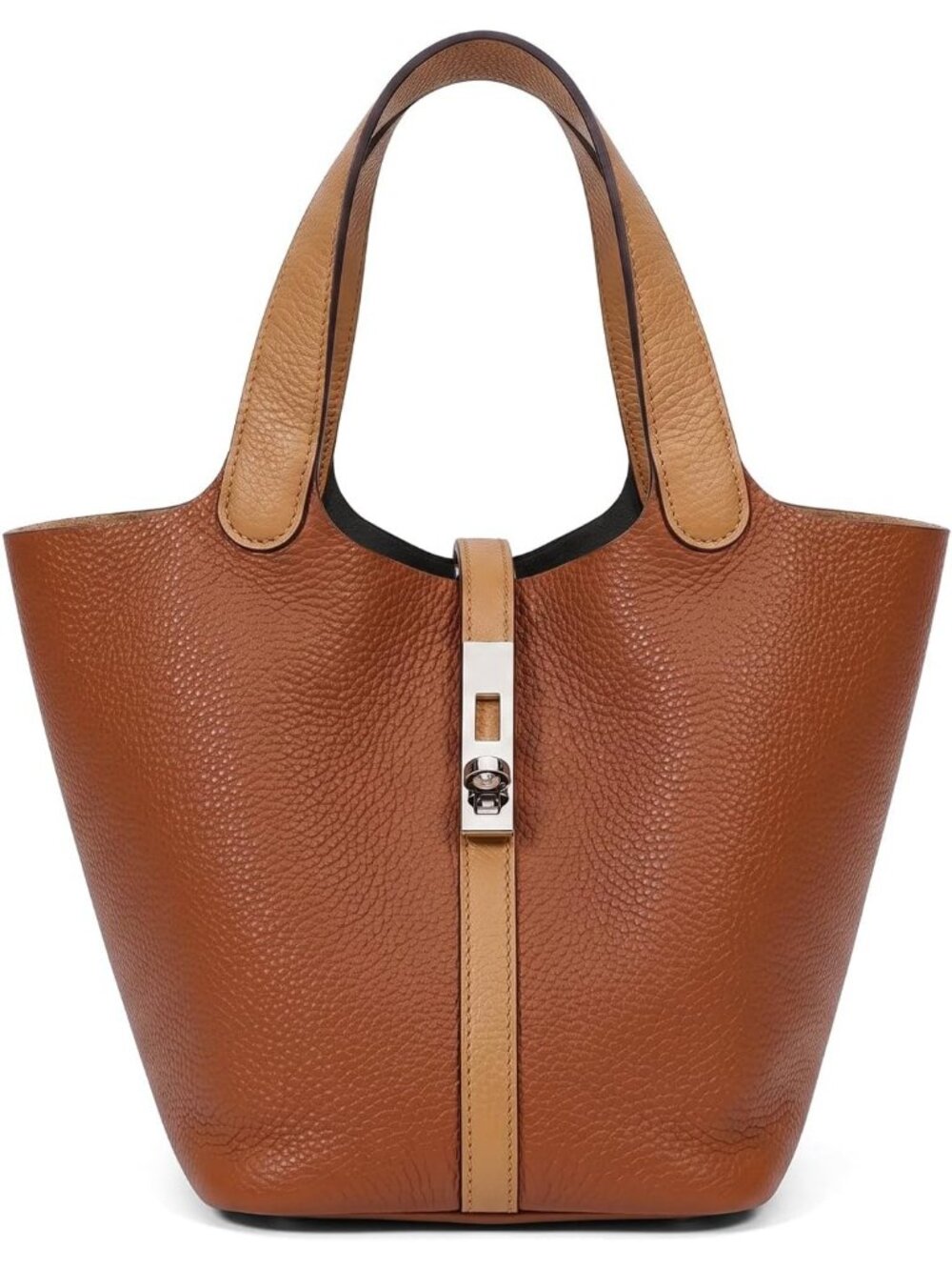 Women's Brown Tan Vegan Leather Satchel Tote Handle Lock Design Bucket Purse